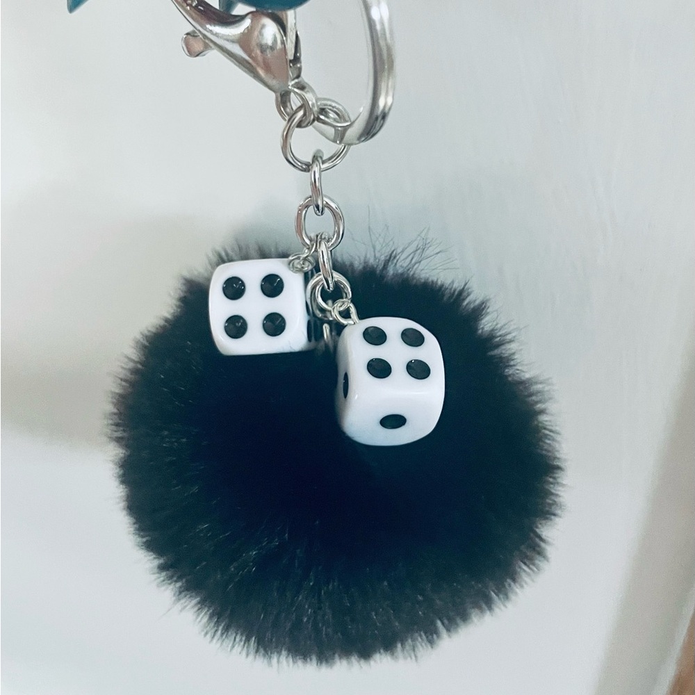 Black Furry Pom Pom Keychain with Dice